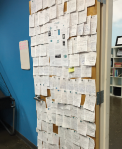 Posts of positive kudos employees have written up for one another, which are then displayed on a door in the office so everyone can see them. In exchange for receiving a note, employees are rewarded with “Jimmy Bucks” they can use to shop a collection of items ranging from coffee mugs to Footers monogrammed jackets. Pretty cool.
