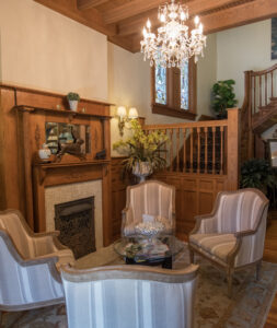 A comfortable sitting area welcomes guests to the spa.